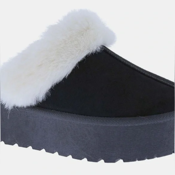NWT Black Suede Faux Fur Trim + Lined Chunky Platform Clog Slippers - Picture 3 of 3